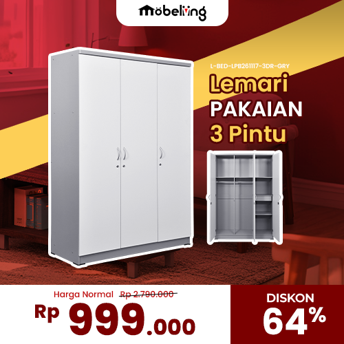 [L-BED-LPB261117-3DR-GRY] NEW LEMARI PAKAIAN 3 PINTU 261117 GREY
