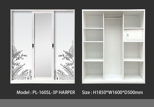 [L-BED-ST160HBW-3DR-WHT] STEEL SLIDING WARDROBE 3 DOORS 160 HBW 112 HARPER WHITE