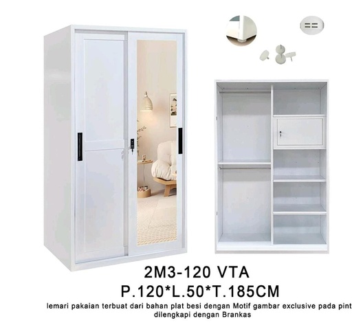 [L-BED-ST120VTA3-2DR-WHT] STEEL SLIDING WARDROBE VINTAGE 2 DOORS 2M3 120 VTA WHITE